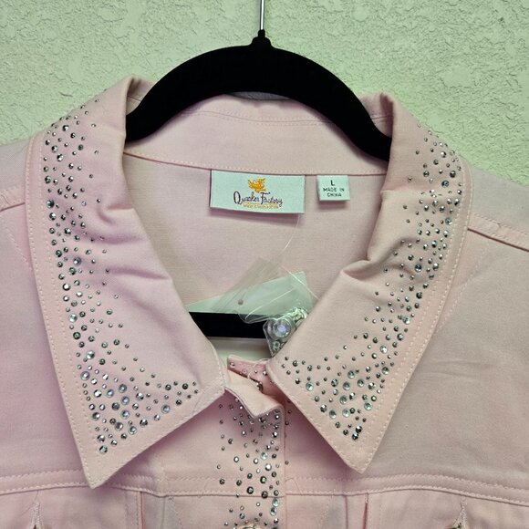 Quacker Factory Pink Rhinestone Embellished Sleeveless Button Up Shirt Large Art - Picture 9 of 12